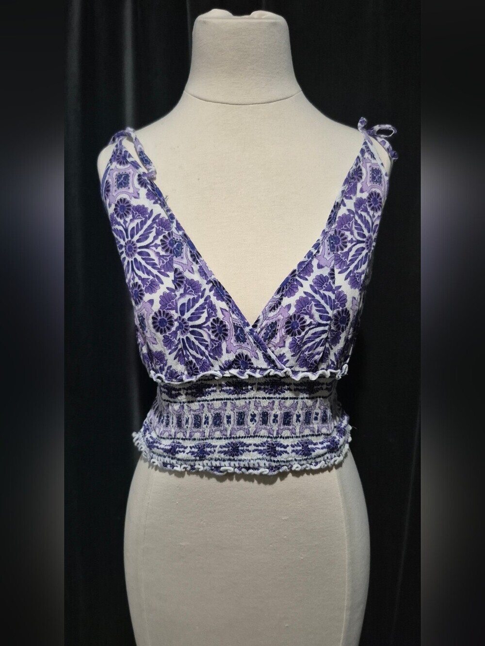 Patrons of Peace Purple Floral Smocked Tie-Shoulder Crop Camisole - Picture 2 of 7